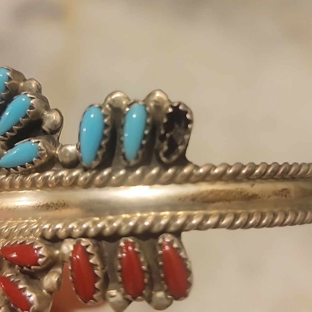 Signed Navajo Dewey Janette DJ Sterling Native Zuni Turquoise Coral Bracelet VTG - Picture 14 of 16